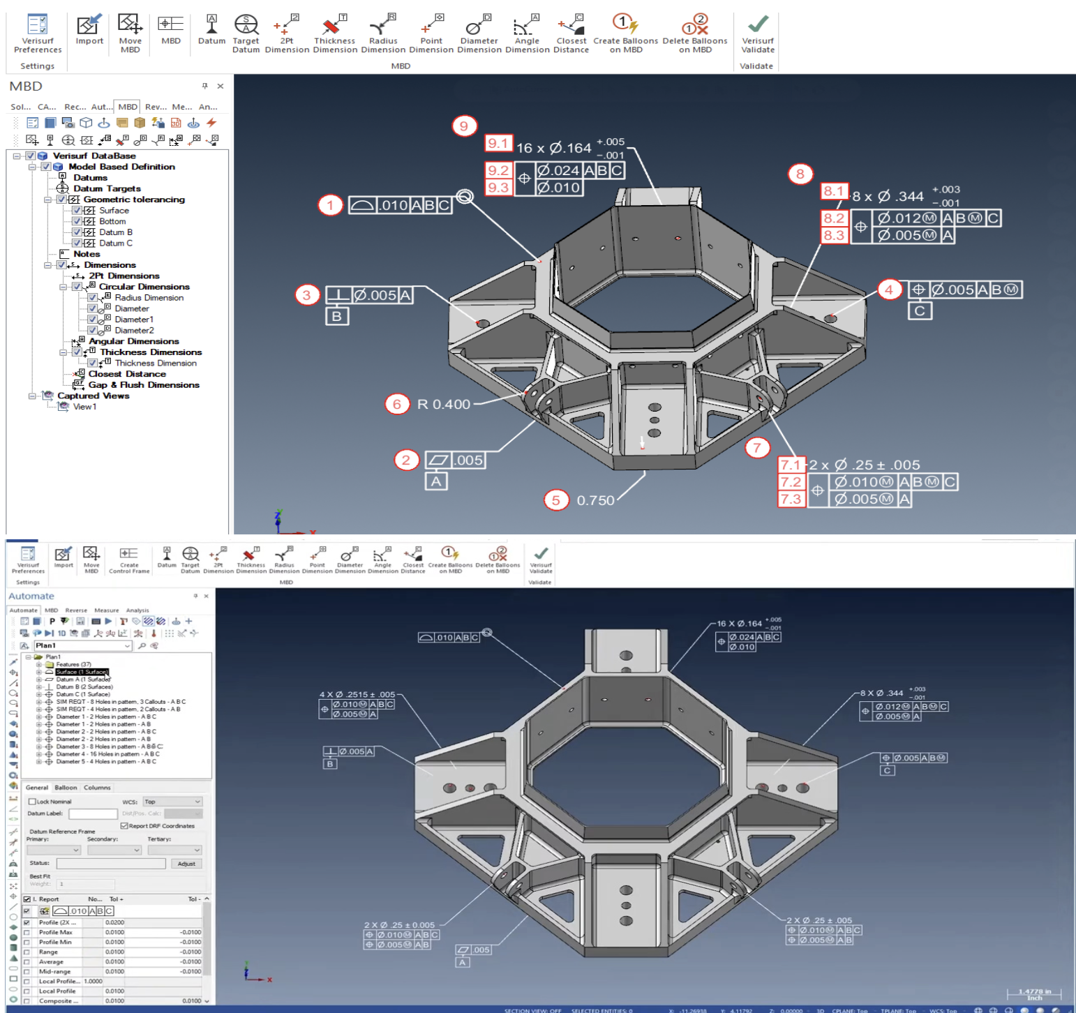 Verisurf software automates inspection plan programming using intelligent Model-Based GD&T.  MBD to Plan automatically recognizes features and assigns datums and tolerances for inspection.